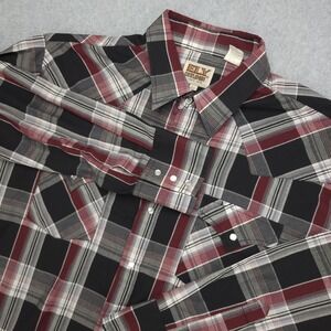 ELY CATTLEMAN Pearl Snap Western Shirt Mens XL Black Gray Plaid Long Sleeve VTG
